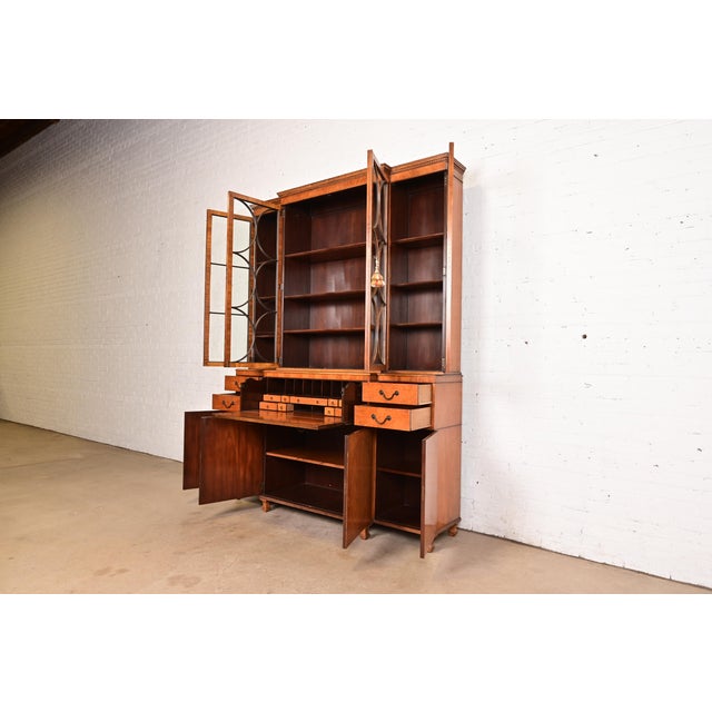 Baker Furniture Georgian Inlaid Mahogany Breakfront Bookcase Cabinet With Drop Front Secretary Desk, Circa 1960s For Sale In South Bend - Image 6 of 14