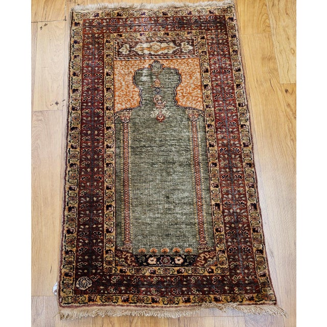 Textile Vintage Turkish Hereke Prayer Rug, Green and Brick Red, Early 1900s, 2' x 3' For Sale - Image 7 of 16