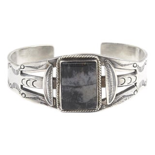 Mid 20th Century Southwestern Fred Harvey Style Sterling Silver and Petrified Wood Cuff Bracelet For Sale