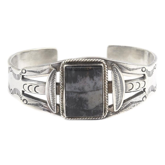 Mid 20th Century Southwestern Fred Harvey Style Sterling Silver and Petrified Wood Cuff Bracelet For Sale