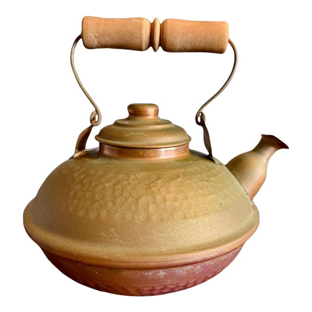 Vintage Hammered Copper Brass Kettle Teapot-Chile-Wood Handle-Rustic-Farmhouse For Sale