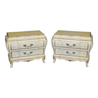 Pair of French Louis XV Style Paint Decorated Karges Nightstands Circa 1960s Era For Sale