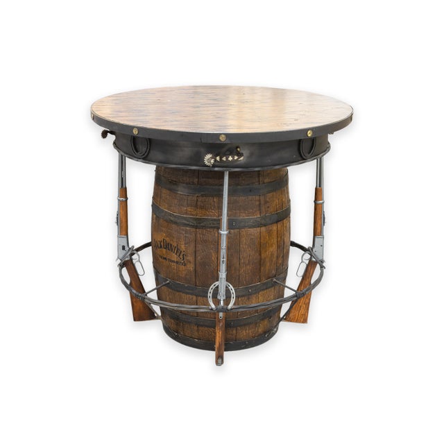 Contemporary Custom Made Whiskey Barrel Pub Table With 4 Horse Saddle Stools For Sale - Image 12 of 14