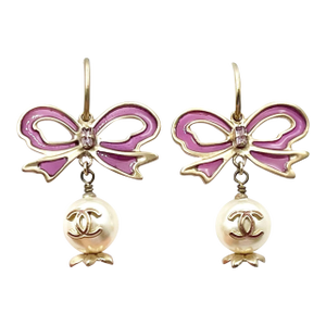 Chanel Gold Fuchsia Ribbon Bow CC Pearl Dangle Hoop Earrings, A Pair