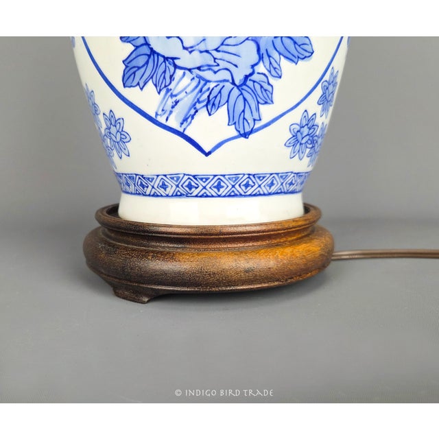 White Vintage Blue and White Chinoiserie Porcelain Vase Lamp With Birds Flowers and Butterflies For Sale - Image 8 of 12