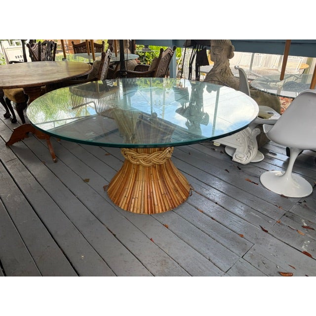 Coastal McGuire 1960s Large Round Rattan Bamboo Dining Table With Glass Top For Sale - Image 3 of 8