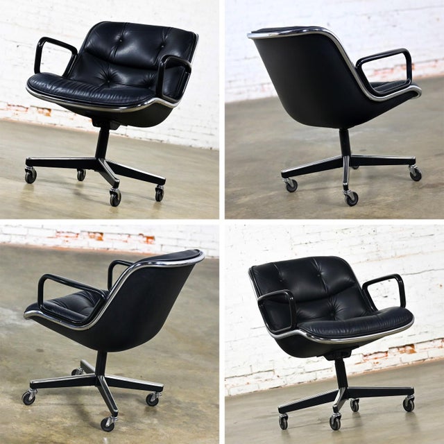 Metal MCM to Modern Set of 12 Executive Armchairs by Charles Pollock for Knoll Black Leather & 4 Prong Swivel Base For Sale - Image 7 of 12
