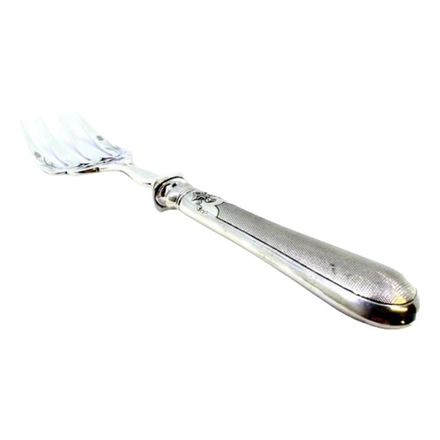 Silver Fish Serving Fork with Reliefs, Engravings, Monogram Card and Guilloche Handle For Sale