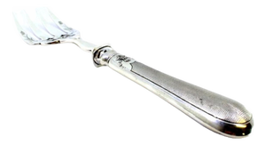 Silver Fish Serving Fork with Reliefs, Engravings, Monogram Card and Guilloche Handle