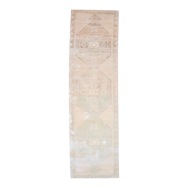 1970s Vintage Handmade Wool Cotton Turkish Beige Runner Rug For Sale