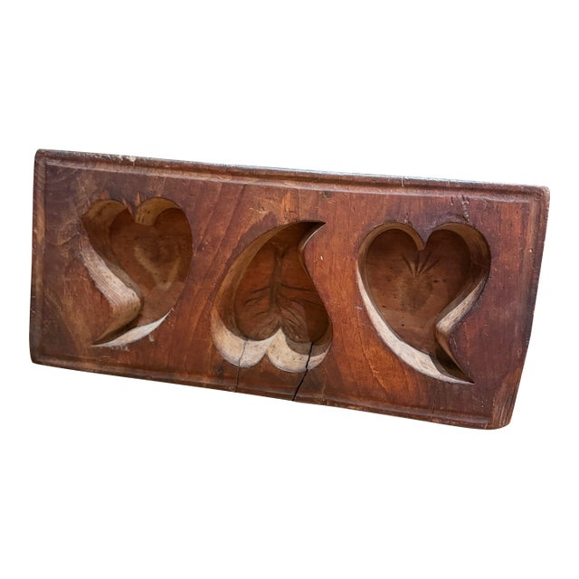 Antique Wooden Sugar Mold With Three Deep Heart Carvings For Sale