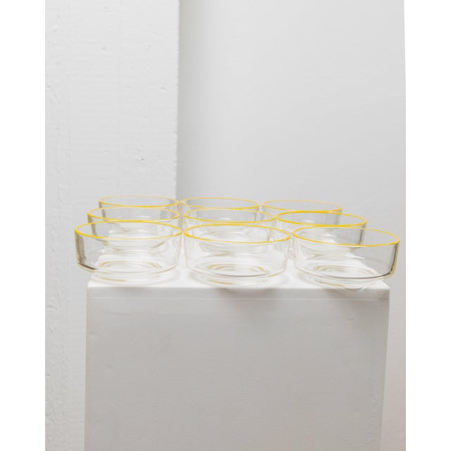 Vintage Empoli Glass Bowls in Clear Glass with Yellow Rim from Fratelli Buggiani,1980s, Set of 9 For Sale - Image 9 of 12