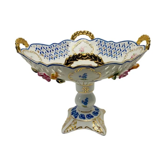 Art Deco Vintage Reticulated Footed Compote Hand Painted With Applied Flowers For Sale - Image 3 of 9