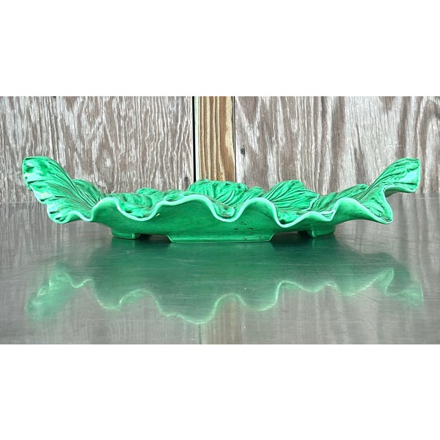 Vintage Regency Portuguese Glazed Ceramic Cabbage Leaves Platter For Sale - Image 11 of 12