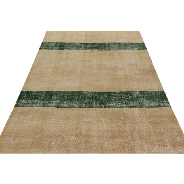 1950s Vintage Zeki Müren Rug, Beige With Green Striped Minimalist Design - Rug & Kilim For Sale - Image 5 of 8