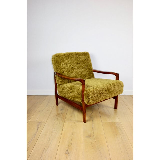 Vintage Wooden Armchair with Khaki Long Hair Upholstery by Z. Bączyk, 1970s For Sale - Image 13 of 13