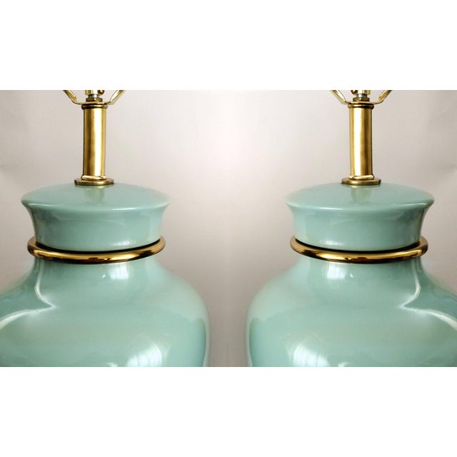Turquoise Lamps Pair Turquoise Porcelain & Brass Ginger Jar Shape For Sale - Image 8 of 12