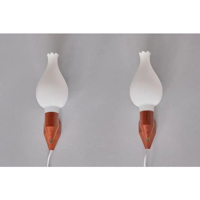 Swedish Modern Teak Wood, Brass and Opaline Glass Wall Lamps, Sweden, 1950s, Set of 2 For Sale - Image 10 of 10
