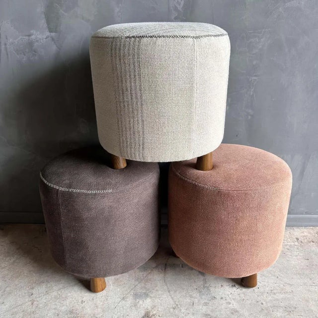 Bailey Round Stool in Linen Stripe With Hand Stitched Details and White Oak Legs For Sale - Image 9 of 10