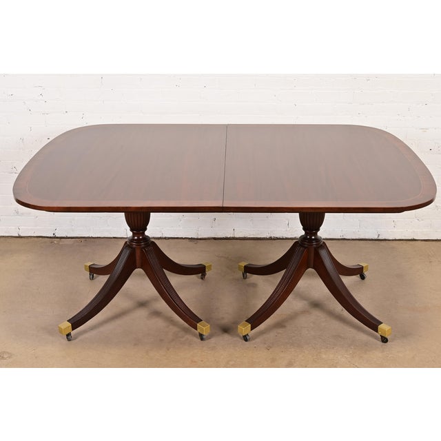 Wood Baker Furniture Style English Georgian Banded Mahogany Double Pedestal Extension Dining Table, Newly Refinished For Sale - Image 7 of 12
