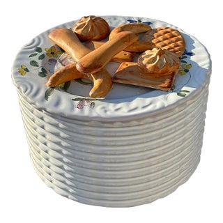 Mid 20th C. Italian Artisan Ceramic Cookie / Pastry Canister With Lid - Highly Detailed For Sale
