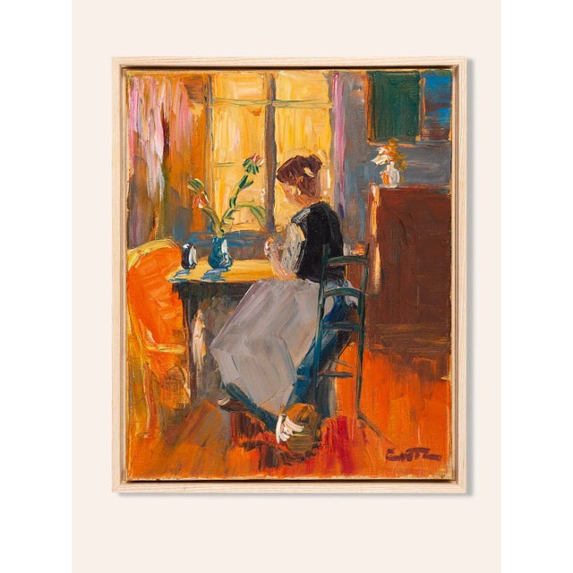 Light flooded illustration of a woman at the kitchen table with the morning sun in the background. Oil on canvas in the...