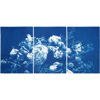 "Large Flower Bouquet" Contemporary Cyanotype Triptych Prints - Set of 3 For Sale