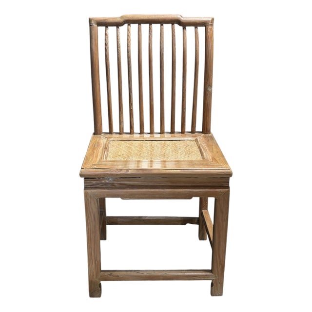 Antique Cantonese Natural Carved Elm Wood Chinoiserie Side Chair 36.5" H For Sale