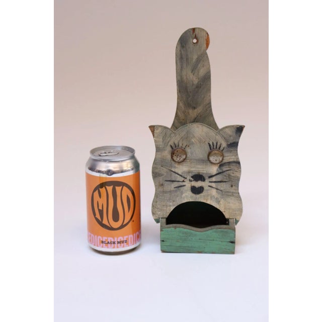 Wood Vintage Folk Art Carved "Cat" Mint Green Matchbook Holder For Sale - Image 7 of 12