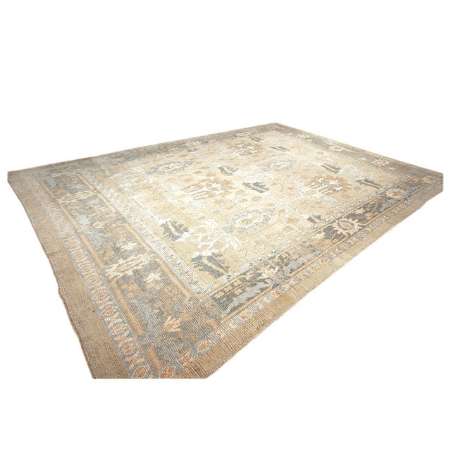 Traditional Turkish Donegal Wool & Hemp 11X15 Tan and Blue Handmade Area Rug #1140234 For Sale - Image 3 of 8