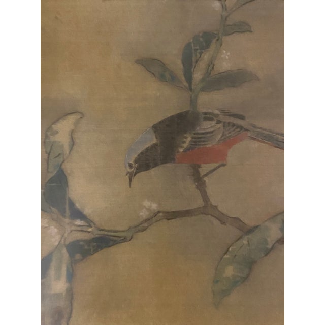Antique Chinese Export Silk Painting of a Songbird on a Branch, early 20th century (circa 1900–1925). Hand-painted ink and...