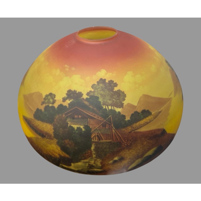 Early 20th Century Antique Reverse Painted Glass Table Lamp Scenic Landscape Shade For Sale - Image 5 of 12
