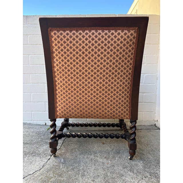 Antique Oak Bergere Armchair Featuring Barley Twist Legs, Arms, and Stretchers, With Cane Paneling Sides and Caster Wheels For Sale In Los Angeles - Image 6 of 11