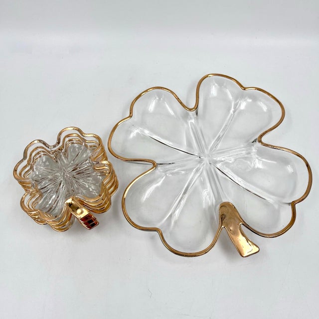 Mid-Century Modern Mid 20th Century Mid-Century Modern Jeannette Glass Four-Leaf Clover Shamrock Gold Trim Serving Set - 5 Pieces For Sale - Image 3 of 11