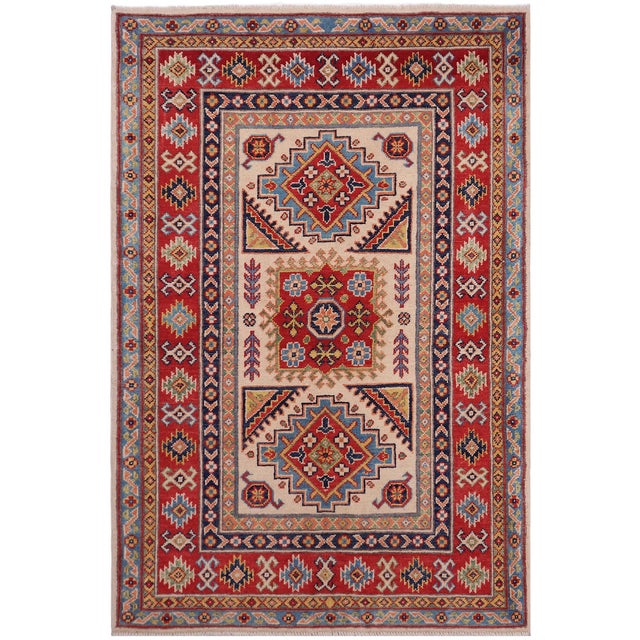 Beige Shabby Chic Kazak Beige/Red Wool Rug - 3'5''x5'1'' For Sale - Image 8 of 10