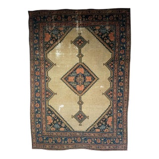 Antique Persian Serab Area Rug, Hand-Knotted Wool, Geometric Medallion Pattern, Camel Hair & Brown, 4x5 For Sale