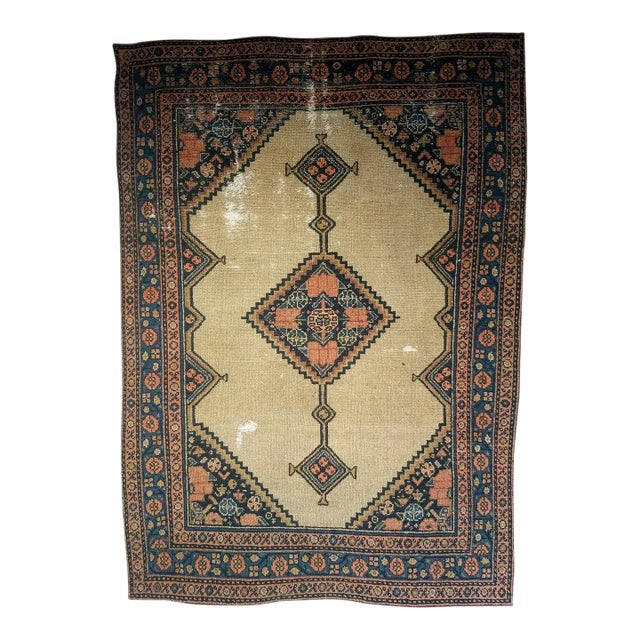 Antique Persian Serab Area Rug, Hand-Knotted Wool, Geometric Medallion Pattern, Camel Hair & Brown, 4x5 For Sale