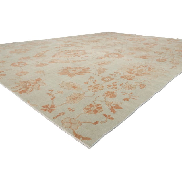 51530 Contemporary Turkish Oushak Rug, 11'03 x 15'03. The Gilded Garden: A Modern Turkish Oushak Masterpiece of Botanical...
