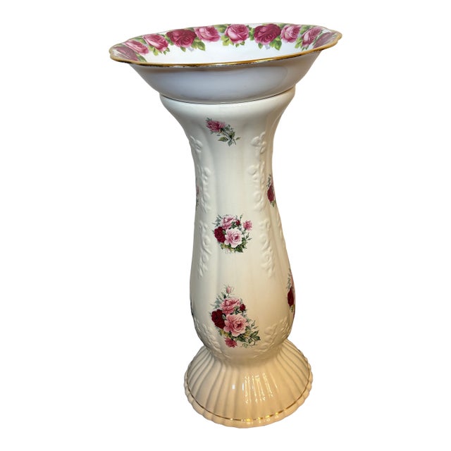 White Porcelain Vintage Rose Motif Birdbath, 2 Pieces For Sale