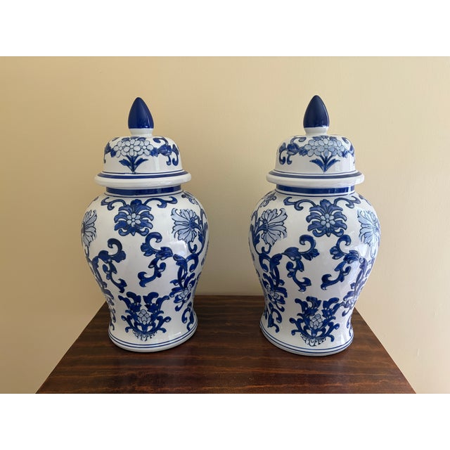 Blue Chinoiserie Large Blue and White Porcelain Ginger Jars, Pair For Sale - Image 8 of 8