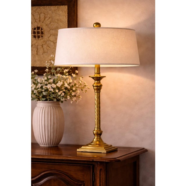 Metal Late 20th Century Tall Neoclassical Buffet Lamps in Sunlit Aged Brass With Twisted Columns & Custom Low-Profile Linen Shades - a Pair For Sale - Image 7 of 8