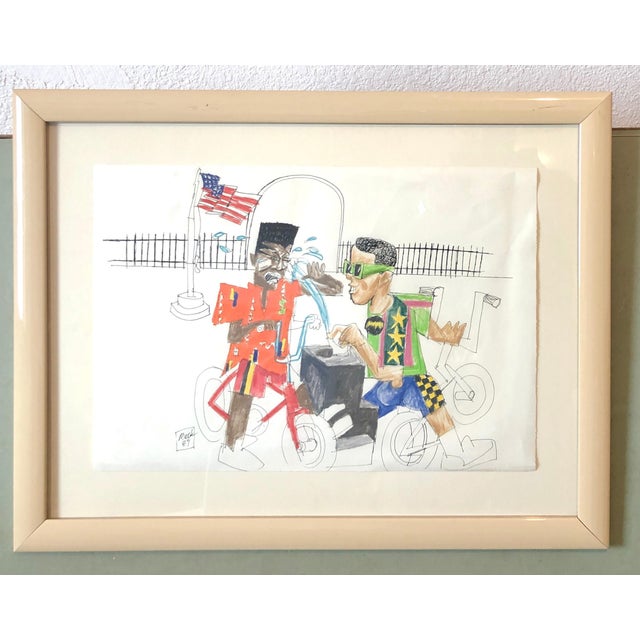 Loren Munk, Mixed Media Neo Expressionist Painting Drawing African American Kids in Park, 1989 For Sale In Miami - Image 6 of 6