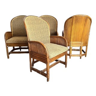 Boho Chic Pencil Reed Back Rattan Leopard Print Dining Arm Chairs - Set of 4 For Sale