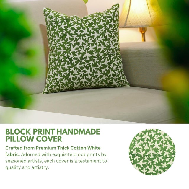 Kelly Green Fabdivine Handmade Block Printing Thick Cotton Lumber Pillow Covers -14x20 Inches -Pushpak Vimaan Abstract Design For Sale - Image 8 of 9