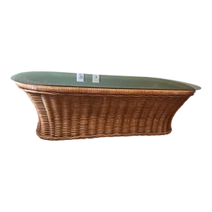 1970s Oval Boho Rattan Wicker Coffee Table Glass Top California