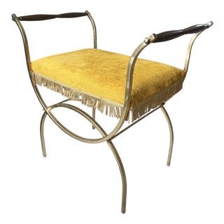 Mid 20th Century Hollywood Regency Vanity Stool Bench Mustard Yellow Velvet Fringe Mid Century For Sale