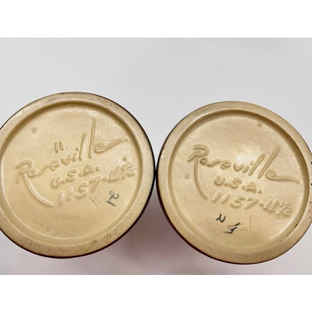 Mid-Century Modern Vintage Roseville Pottery Magnolia Brown Console Set - Bowl 665-4 & Candlesticks 1157-4 ½" For Sale - Image 3 of 7