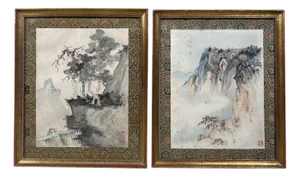 Antique Japanese Mountain Landscape Wall Decorations, 1920s, Set of 2