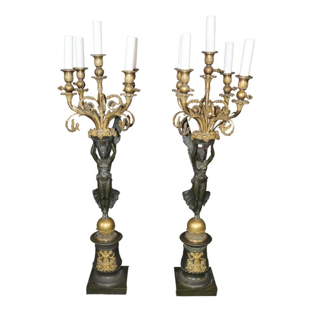 Pair of Solid Bronze French 19th Century Empire Style Figural Table Lamps For Sale