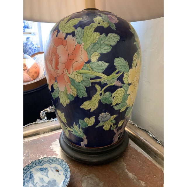 Blue Vintage Chinoiserie Hand Painted Peonies Ginger Jar Lamp For Sale - Image 8 of 12
